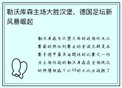 勒沃库森主场大胜汉堡，德国足坛新风暴崛起