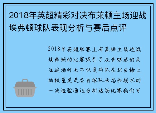 2018年英超精彩对决布莱顿主场迎战埃弗顿球队表现分析与赛后点评