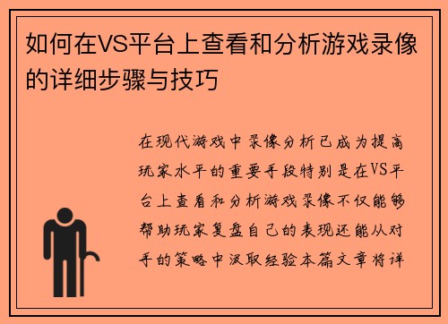 如何在VS平台上查看和分析游戏录像的详细步骤与技巧