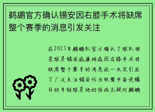鹈鹕官方确认锡安因右膝手术将缺席整个赛季的消息引发关注