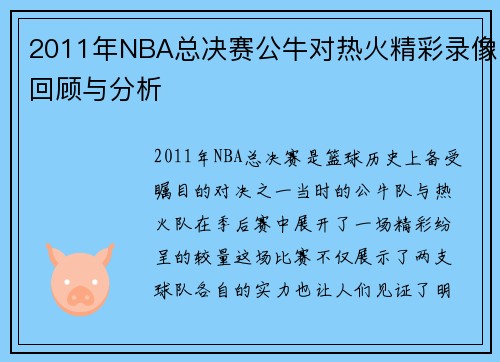 2011年NBA总决赛公牛对热火精彩录像回顾与分析