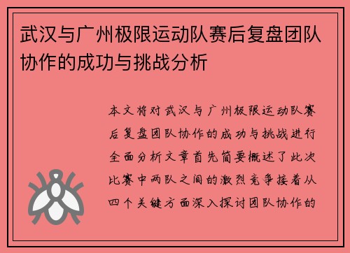 武汉与广州极限运动队赛后复盘团队协作的成功与挑战分析